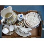 A box of mixed china to include large cream water jug, Chinese bowl, Lawleys tea set,