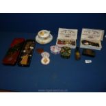 A quantity of small Victorian decorated boxes, china cup and saucer, trinket box, etc.
