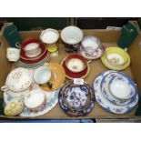 A box of mixed trio tea sets including Radford yellow/white, Aynsley red/gold,