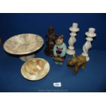 A box of mixed marble including fruit bowl on plinth, lidded dish, wooden elephant,