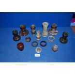A quantity of Cornish Serpentine items including pairs of candlesticks and vases,