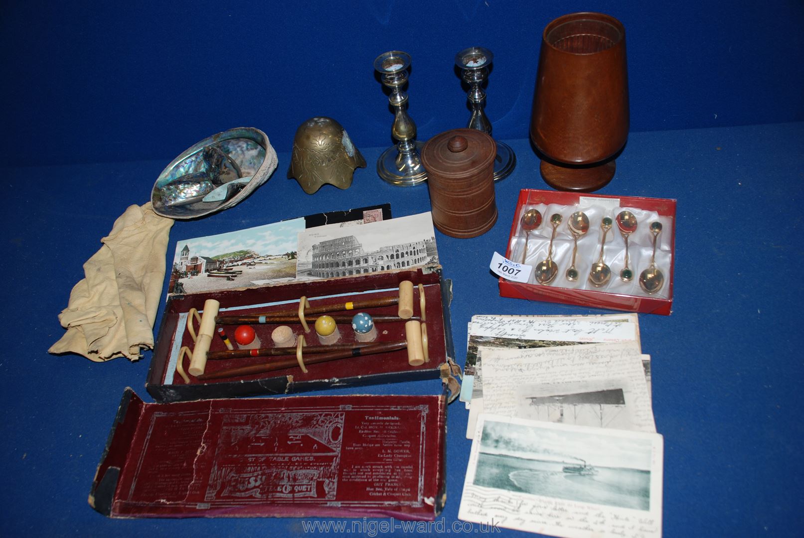A box of miscellanea including an Abalone Paua Shell, Paua salt and pepper,