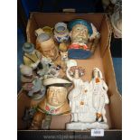 A quantity of china to include a Staffordshire flatback style figure, Toby jugs, etc.