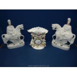 A pair of Staffordshire flat back figures on horseback, (one horse head damaged),