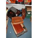 Miscellaneous trays and boxes to include a tin document box named and dated 1876.