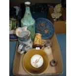 A box of Studio pottery to include large green water vessel, blue and white jug,