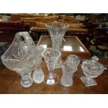 A quantity of cut glass including vase, 27 cm tall, vase on glass frog,