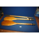 A pair of paddles with metal edging.