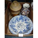A brown and cream Rumtoff, a large blue and white wash bowl, oriental vase etc.