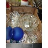 A quantity of glass including ten apple shaped sweet dishes, a blue jug, trifle bowl,