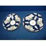 A pair of circa 1760 Worcester dishes scale blue ground painted in reserves with exotic birds,