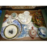 A box of mixed china including Baby plate by F.