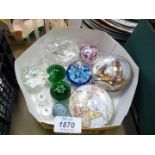 A tray of paperweights including Jeremy Fisher, Beatrix Potter, map,