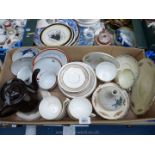 A box of china to include brown teapot, Paragon tea cup and saucer,