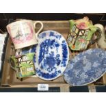 An Olde England Cottage teapot and jug, three blue and white plates, Cutty Sark mug, etc.