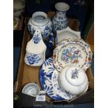 A box of blue and white china including two vases, ginger jar, plates, etc.