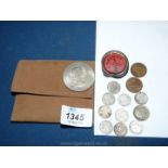 A Churchill crown, two farthings and three penny coins dating 1899, 1917, 1919, 1940 etc.