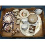 A Crown 'Pussy Willow' meat plate, three Furnival cups, blue & white plate, three Dunster mugs,