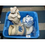 A Chinese rice bowl in blue and white, ginger jar style pot and lid,