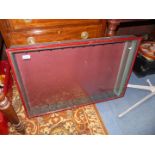 A maroon framed wall hanging model display Cabinet with numerous shelves, 22'' wide x 33'' high,