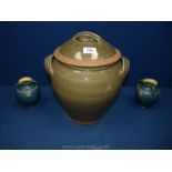 A large green two handled Pot with lid plus a pair of continental secessionist three handled blue