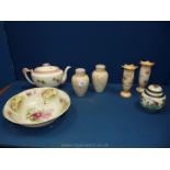 A pair of Crown Ducal ware spill vases, a pair of small baluster vases, rose decorated bowl,