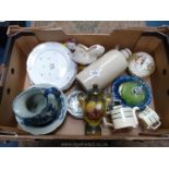 A box of china to include blue and white Chinese bowl and jug,