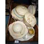 A box of china to include Alfred Meakin tureens, Wedgwood plates,