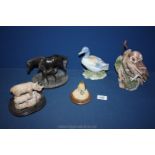 Five animal and bird ornaments including; Teviotdale Owl figure (repair to branch),