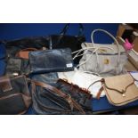 A box of assorted handbags, grey snakeskin, Artigiano Italy, black patent, Jane Shilton London,