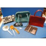 A green Radley handbag plus one other, sequin purses and blue enamelled brush set.