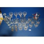 A quantity of glasses including a lemonade set, hock glasses marked Brierley, whiskey tumblers,