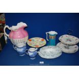 A box of miscellaneous china including; a two tiered midwinter cake stand,