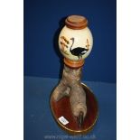 A painted Ostrich egg on a stuffed Ostrich foot. 14" tall.