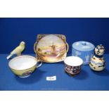 A Royal Crown Derby Imari pattern footed bowl, a/f, Wedgwood Jasperware box, bird figure,