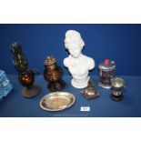 A quantity of miscellanea to include; two small brown glass oil lamps, lady bust, EPNS items, etc.