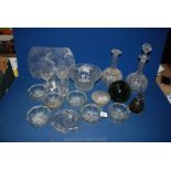 A box of mixed glass, two decanters, six sundae dishes, Caithness, vase,