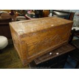 A profoundly carved camphorwood chest depicting scenes and landscapes of oriental life,