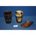 Two vintage Georgian carved horn beakers / stirrup cups, plus a small horn.