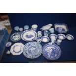 A blue tray of blue and white china, cauldron dish, three Wedgwood style cups,