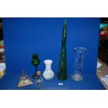 A quantity of green, clear and white glass including; chemists display bottle, tall clear vase,