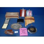 A quantity of miscellanea to include; bamboo flute, Mother of Pearl inlaid box, barber set, flasks,