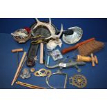 A box of miscellaneous to include skeleton head and antlers, tortoise shell case cover a/f,