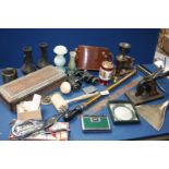 A good quantity of miscellaneous including a letter stamp, brass pump, crumb tray and brush,