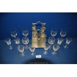 A quantity of glass including cruet set with plated stand, some chips to bottles, four each liqueur,