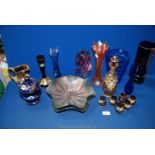 A quantity of coloured glass including two carnival glass bowls, liqueur decanter with six glasses,