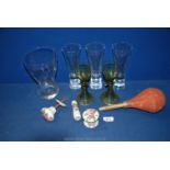 A quantity of modern glass including vase and lager glasses, two green Italian style wine glasses,