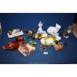 A quantity of china duck dishes and cats including; Winstanley,
