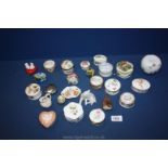 A tray of small pill/ trinket boxes, floral, china, decorated with birds and butterflies etc.