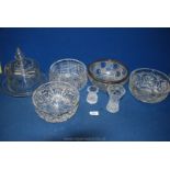 A quantity of glass including trifle bowls, bud vases and a cheese dome with small chips to rim.